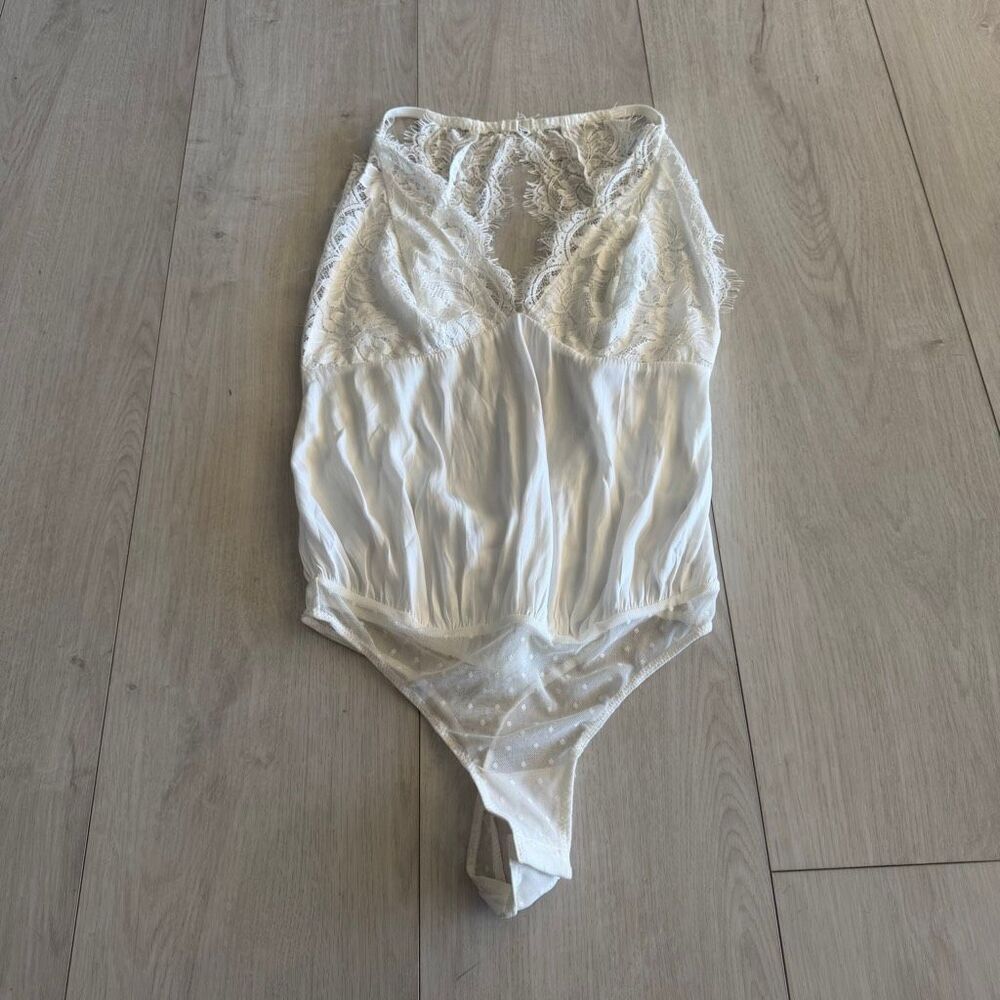 Free People Melrose Bodysuit Lace Inlay Satin White size S